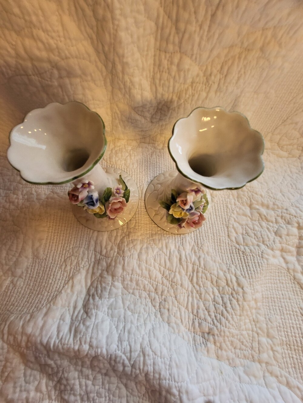 Set Of 2 Porcelain White Floral 5 Inch Candle Holders in with Pastel Roses - Picture 3 of 16